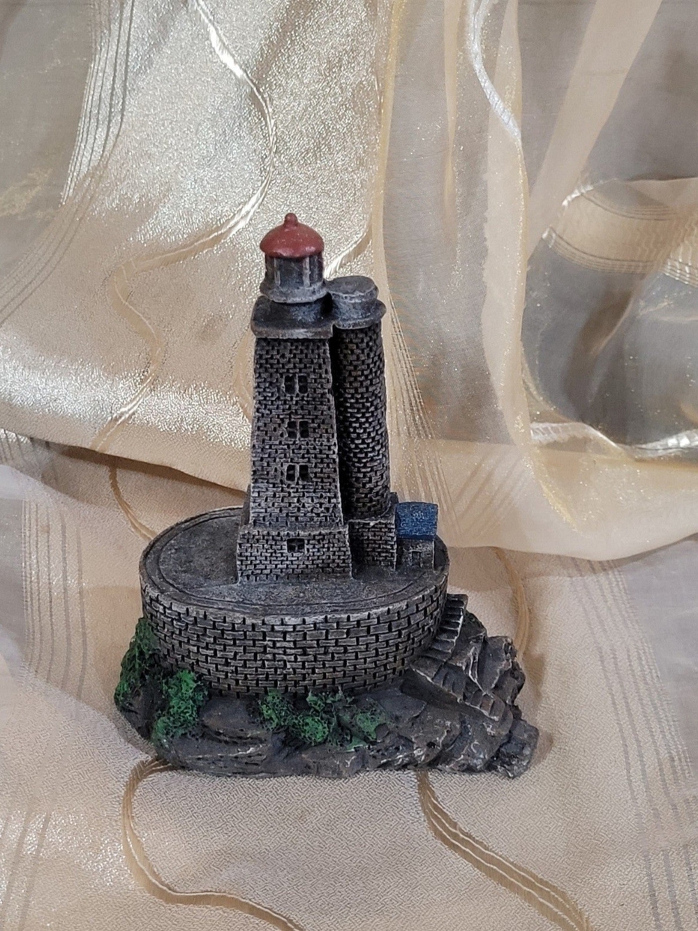 Gray and Red Coastal Lighthouse Sculpture - Unbranded